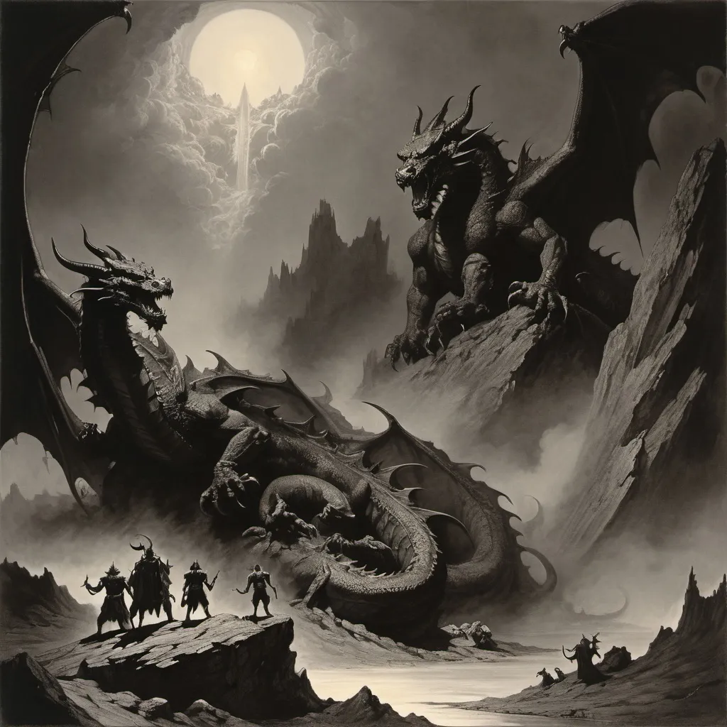 Prompt: Frazetta, Gerald Brom, Gustav Dore paint a brutal panoramic landscape of Hell, Five-headed dragon dominates the foreground, lithograph, 
masterpiece, old masters, faded ink, grim, dark, delicate line work, dramatic lighting 