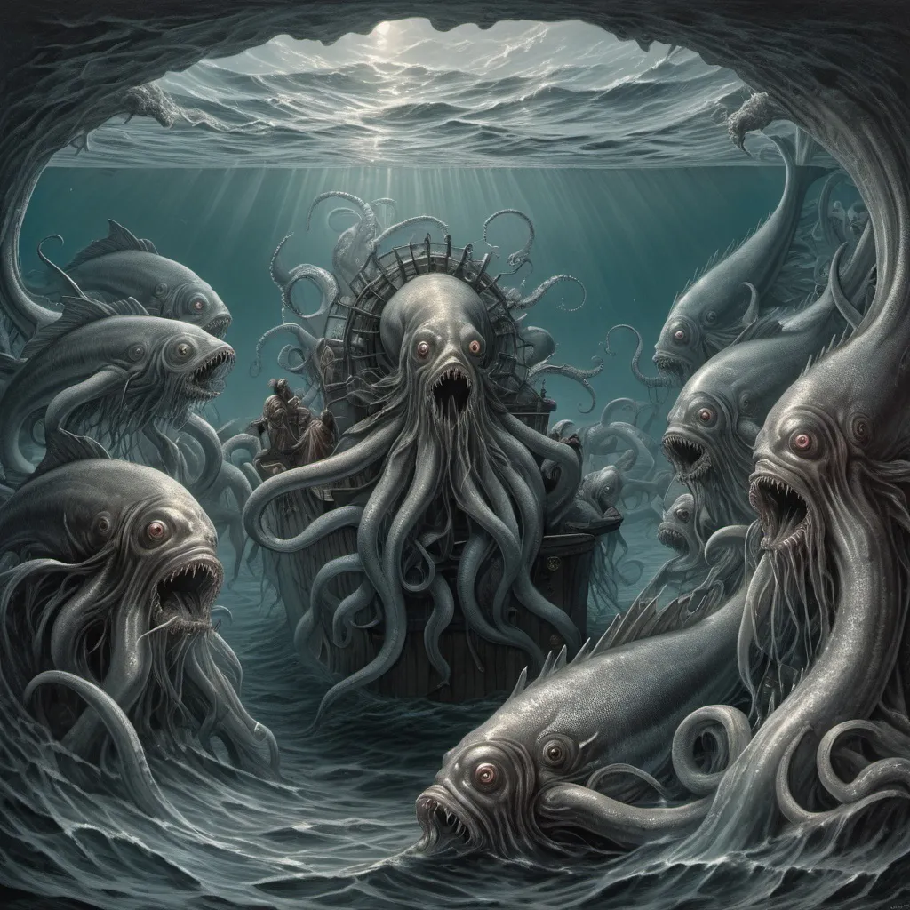 Prompt: Medieval sailors being pulled into the ocean depth by tentacled horrors, silver fish as model for horrors, hyper realistic lithograph, full colour, Bayard Wu, Gustave Dore, landscape format