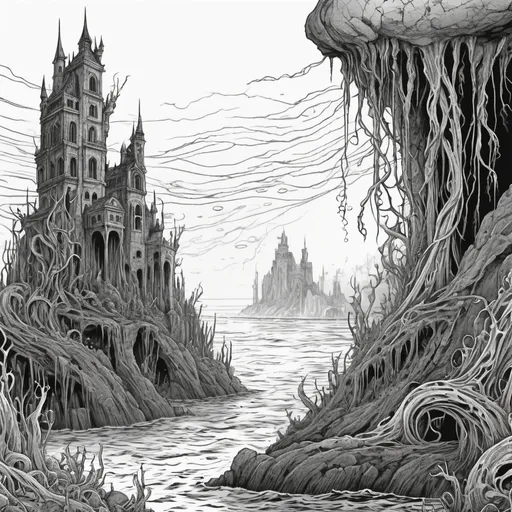 Prompt: submerged fantasy ruined city sprouting organic tendrils of organic rock to the surface of the ocean above, beautiful line art, horror illustration, long vertical sticker, masterpiece, 