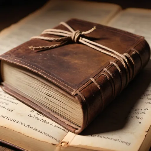 Prompt: Old thick small leather book stuffed with old parchment pages and wrapped with a single leather cord, Very old, close up,  Plain old page, faintly stained. highly detailed, 4k