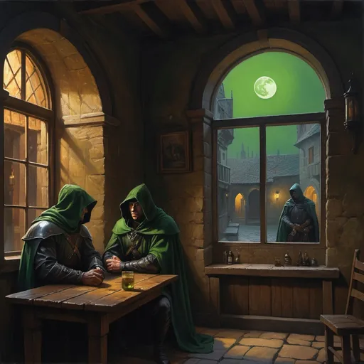Prompt: brutalism, magnificent, masterpiece, volumetric lighting, oil painting done by Randy Vargas and Bayard Wu, a menacing cloaked rogue sits in a deeply shadowed bay window of a medieval tavern, he is looking out the decorative window at two city guards beating a man in the street, dim light cast from a green moon that is outside the frame of the painting, realistic, detailed, dramatic