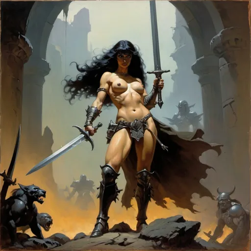 Prompt: Frazetta and Brom paint a female fantasy warrior, victorious, sword, full armour, slain foes scattered about, masterpiece, old masters, oil paint, grim, dark