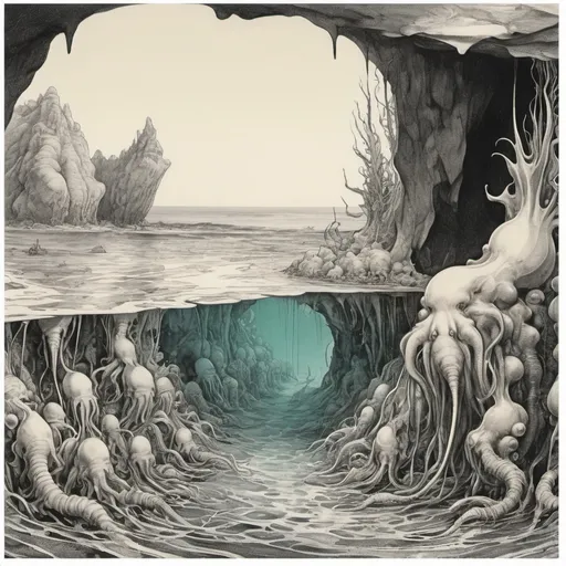 Prompt: try-chromatic sea horrors emerging from an ocean fed tidal pool into a sea cave, beautiful line art, , painted illustration, square sticker, masterpiece, Hans Bellmer, realistic