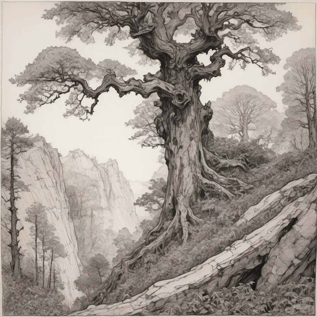 Prompt: detailed line drawing, india ink, pen and ink, an old forest of oak, chestnut growing all around even up the spine of an epic rock protrusion extending up through the forest, extend for miles, rich vegetation, forest in the foreground, drawn as though standing in the middle of the forest to capture the majesty, duotone, high contrast, Arthur Rackham