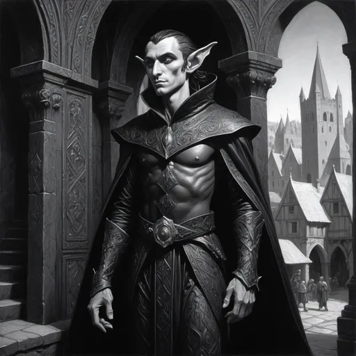 Prompt: detailed black and white painting of a black obsidian carved noble male elf figure wearing fine clothing angular features he might be mistaken for a living being, his skin is pure black, set against a backdrop of a busy medieval town, acrylic, detailed, full body pose, volumetric lighting, Gerald Brom, Gustav Dore, high contrast