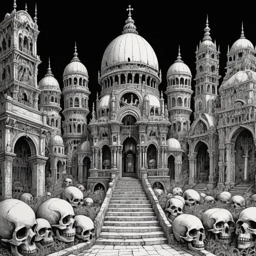 Prompt: detailed line drawing, india ink, pen and ink, a neon ossuary in a fantasy city, very detailed, duotone, high contrast, masterpiece