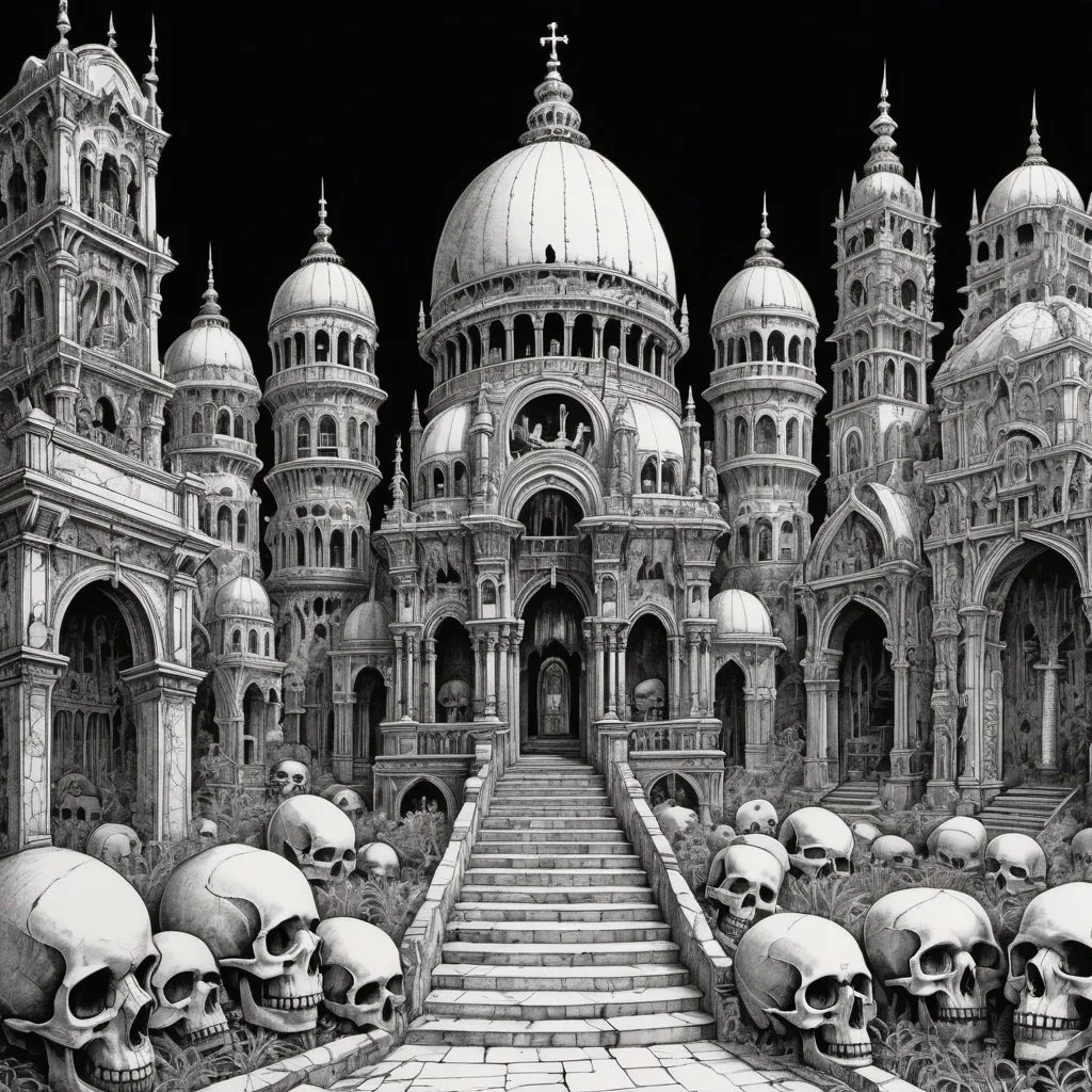 Prompt: detailed line drawing, india ink, pen and ink, a neon ossuary in a fantasy city, very detailed, duotone, high contrast, masterpiece