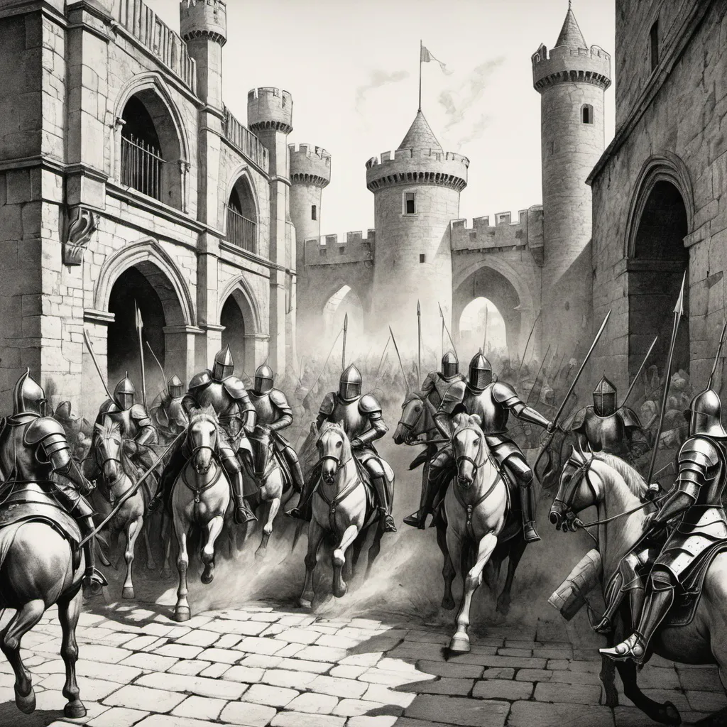 Prompt: Erol Otus, Ian Millar, detailed, etching, in duotone illustration, masterpiece, volumetric lighting, detailed line work, six knights in heavy armour charging on armoured horses through the gates of corrupt town, town guards are diving out of the way of the oncoming knights, archers on the walls are firing down at the knights, the knights are unstoppable, cover art, art gallery quality