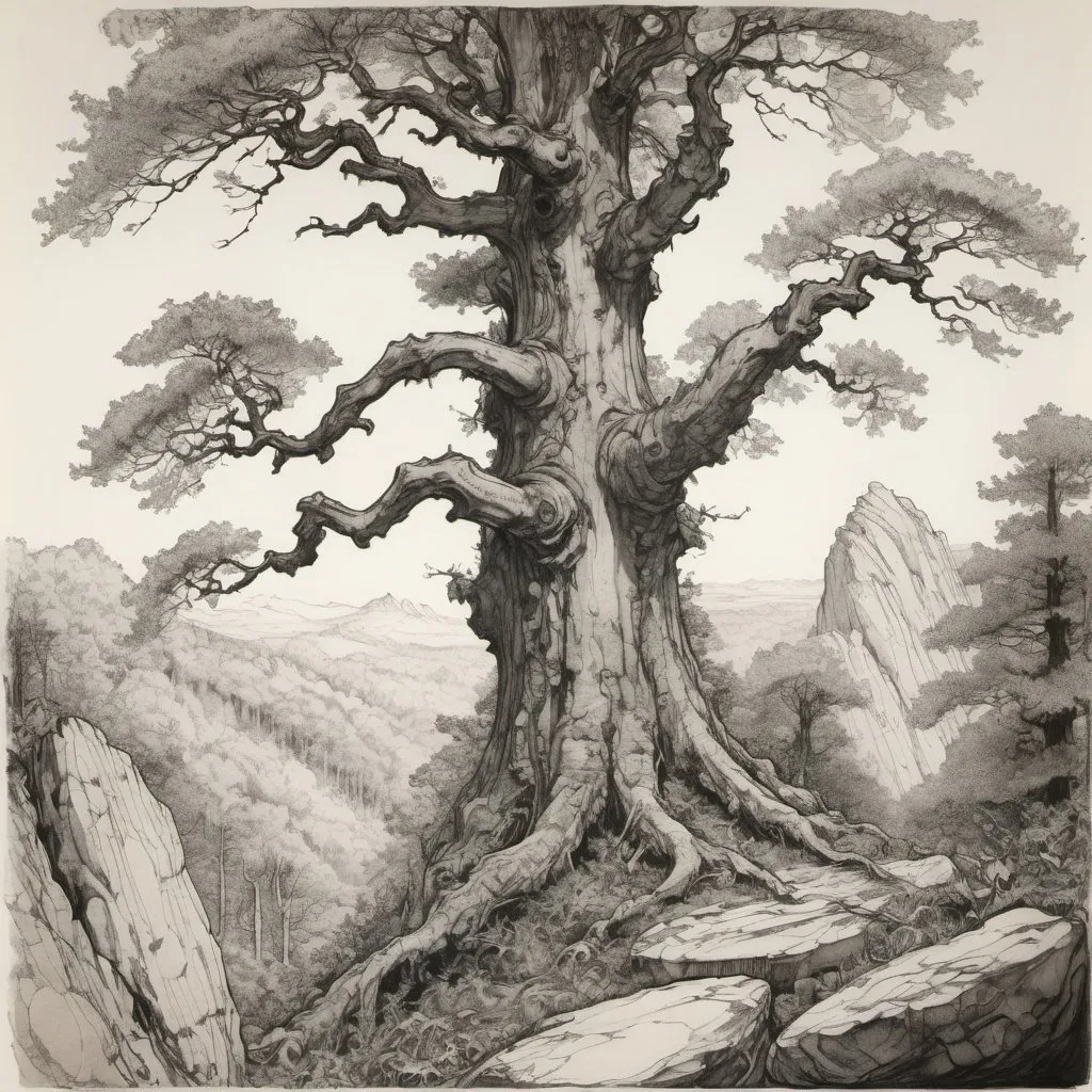 Prompt: detailed line drawing, india ink, pen and ink, an old forest of oak, chestnut growing all around even up the spine of an epic rock protrusion extending up through the forest, extend for miles, rich vegetation, forest in the foreground, drawn as though standing in the middle of the forest to capture the majesty, duotone, high contrast, Arthur Rackham