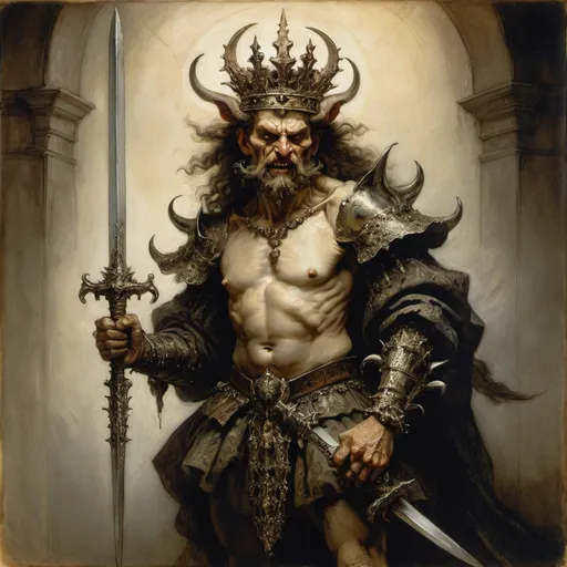 Prompt: Rembrandt, Arthur Rackham, rich oil portrait, Fantasy Trifling, Horned crowned devil-man wielding an ornate detailed sword, iron spikes growing from his head like a crown, With-King of Angmar, masterpiece, dramatic pose. dramatic lighting