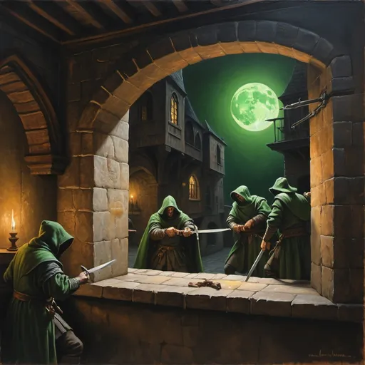 Prompt: brutalism, magnificent, masterpiece, volumetric lighting, oil painting done by Randy Vargas and Rembrandt, a group of menacing cloaked rogues having a knife fight in a deeply shadowed bay window of a medieval tavern, he is looking out the decorative window at two city guards beating a man in the street, dim light cast from a green moon that is outside the frame of the painting, realistic, detailed, dramatic