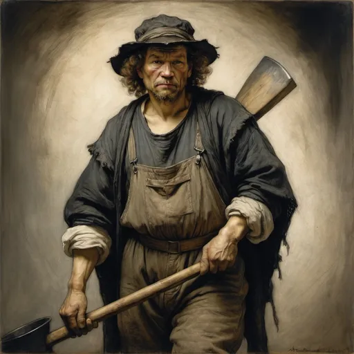 Prompt: Rembrandt, Arthur Rackham, rich oil portrait, mop haired samoan coal miner wearing overalls and heavy cloak, he prouldy carries a long shovel over his shoulder, he is content, masterpiece, dramatic pose, dramatic lighting, realistic 