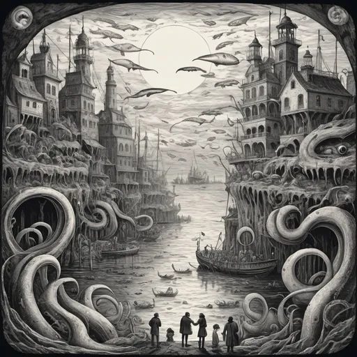 Prompt: people in a fantasy port afflicted by strange oceanic skin disease, eels, large eyes, beautiful line art, b and w, etching illustration, square sticker, masterpiece