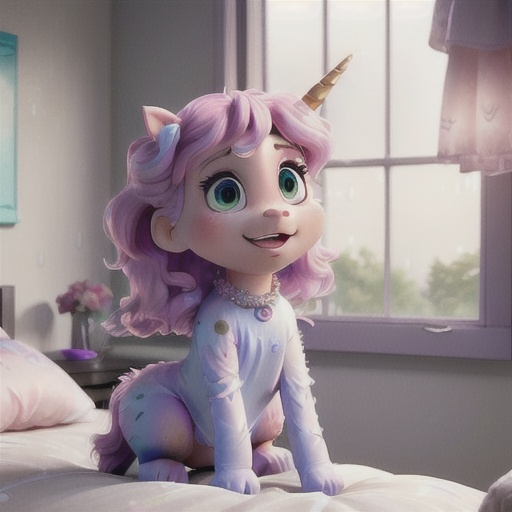 Prompt: A young unicorn wakes up in bed and has messy hair. Rain on the window
