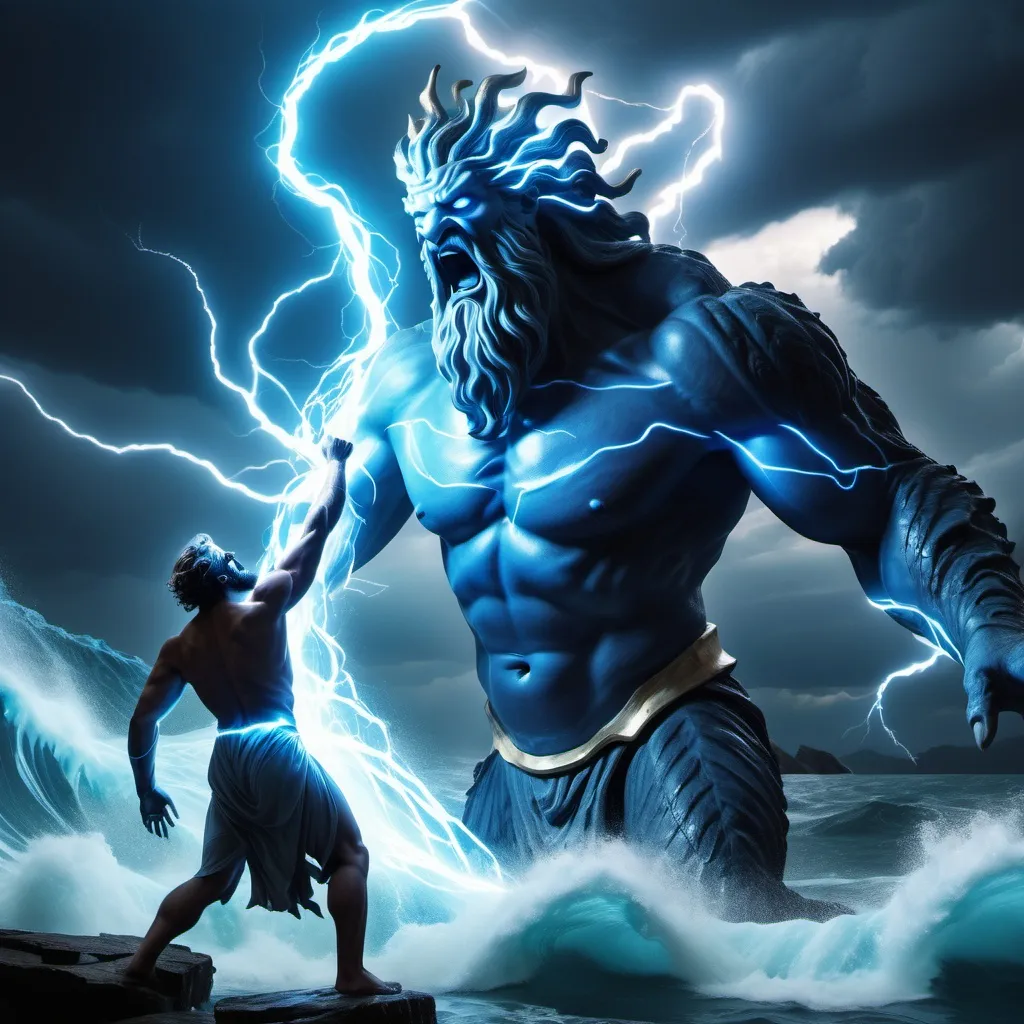 Prompt: Zeus throwing a lighting bolt at a sea monster with blue glowing veins 