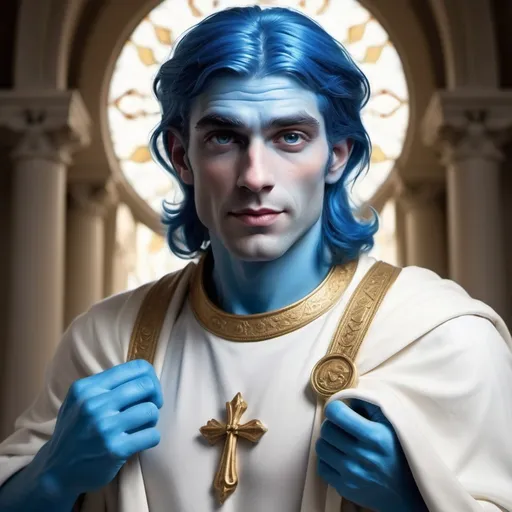 Prompt: A man who is handsome, sophisticated, with a positive expression. He fulfills the characteristics of a person who is a saint, calls himself Mr. Fairest, and is equal to Smurf. Put there some element clearly visible as this person is Saint Man. He has a halo.