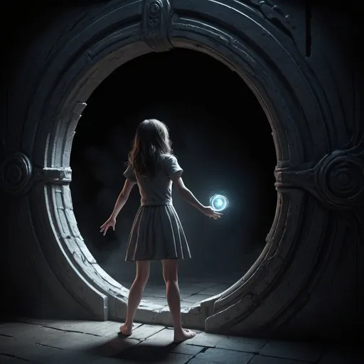 Prompt: Girl getting sucked into a portal, reaching out, neglected help, mysterious portal, high quality, 3D rendering, fantasy, dark and eerie, dramatic lighting, desperate hand, mystical atmosphere, detailed character design, surreal, storytelling, cinematic composition