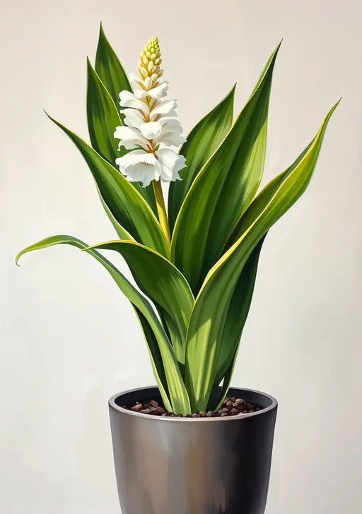 Prompt: Una pintura de sansevieria planta en toda su altura en la maceta, destaca la elegancia de esta planta, su flor blanca consiste de muchas flores finas y es un adorno que se destaca en esta verde planta con unas hojas largas, altas y elegantes, pintura óleo en lienzo, pinceladas intensas y fuertes, fondo claro, fusión de colores