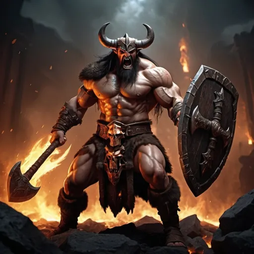 Prompt: Barbarian warrior wielding an axe, intense battle scene, high quality, realistic, dark fantasy, action-packed, Diablo II, detailed armor and weapons, menacing atmosphere, fiery lighting, dynamic pose, epic battle, professional rendering
