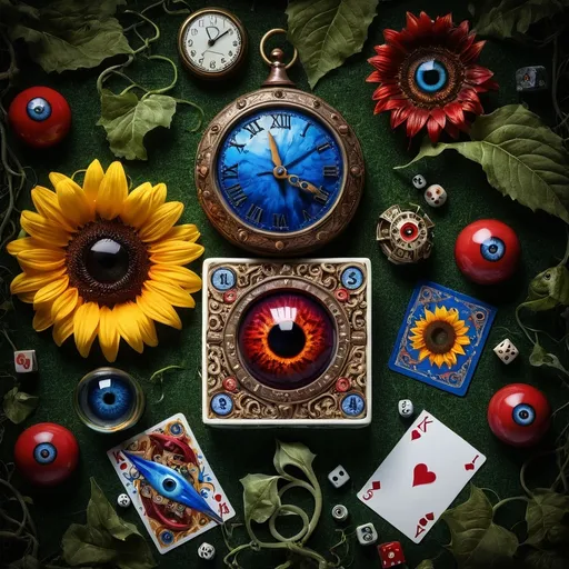 Prompt: A red eyeball next to a blue eyeball in the center. surrounded by vines, dice, sunflower, clock, ace cards, and a knife