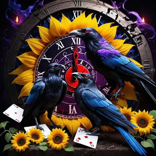 Prompt: Purple flames, blue flames, ace cards, vines,  blood, dice, crow, sunflower, clock all scattered around a pair of eyes with one red and the other blue
