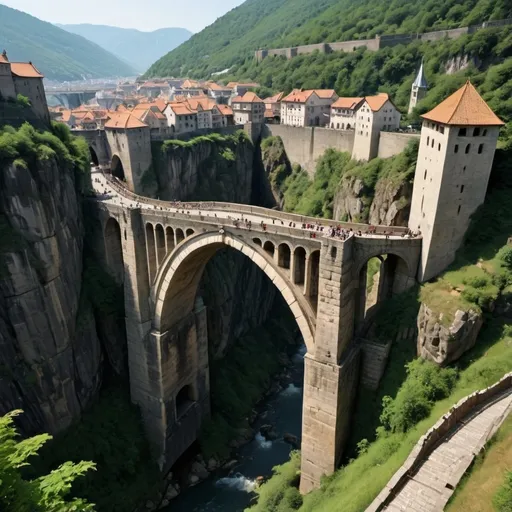 Prompt: This city is perched atop a towering mountain, overlooking a vast expanse of land. The city’s architecture is medieval and majestic, with stone houses, towers, and walls exuding a sense of history. The only way to reach the city is via a massive stone bridge that extends from the other side of the mountain, spanning the chasm below. The bridge is wide and sturdy, engraved with ancient runes and patterns. At the end of the bridge stands a grand city gate, adorned with intricate medieval decorations.
