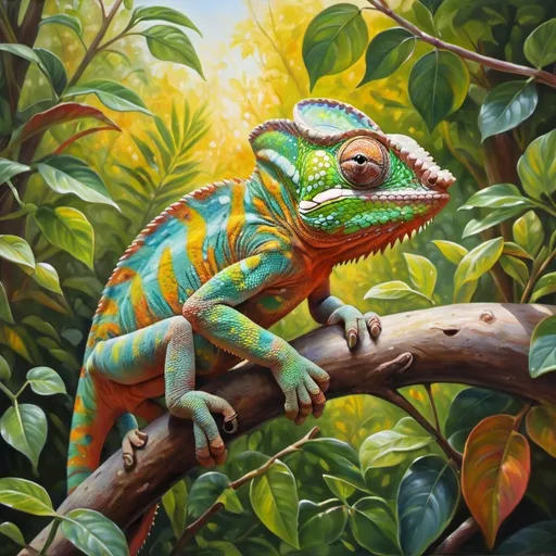 Prompt: Subtle camouflage of a chameleon, realistic oil painting, hidden amidst vibrant foliage, high quality, detailed, naturalistic, vibrant colors, dappled sunlight