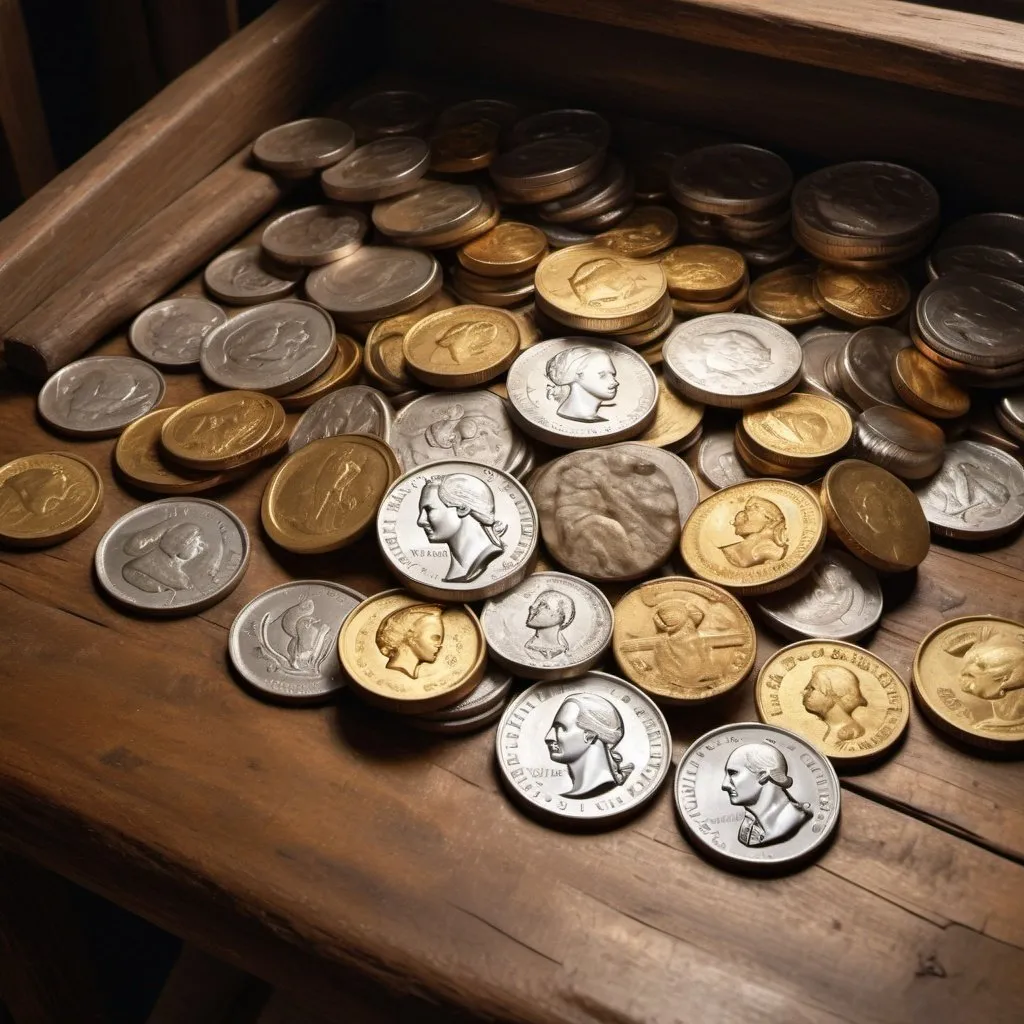 Prompt: One silver coin amidst a pile of gold coins on an antique woodworker's bench, high quality, realistic oil painting, warm tones, soft lighting, detailed textures, antique, woodworker's bench, silver coin, gold coins, realistic, warm tones, soft lighting
