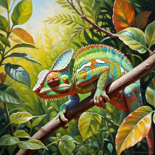 Prompt: Subtle camouflage of a chameleon, realistic oil painting, hidden amidst vibrant foliage, high quality, detailed, naturalistic, vibrant colors, dappled sunlight