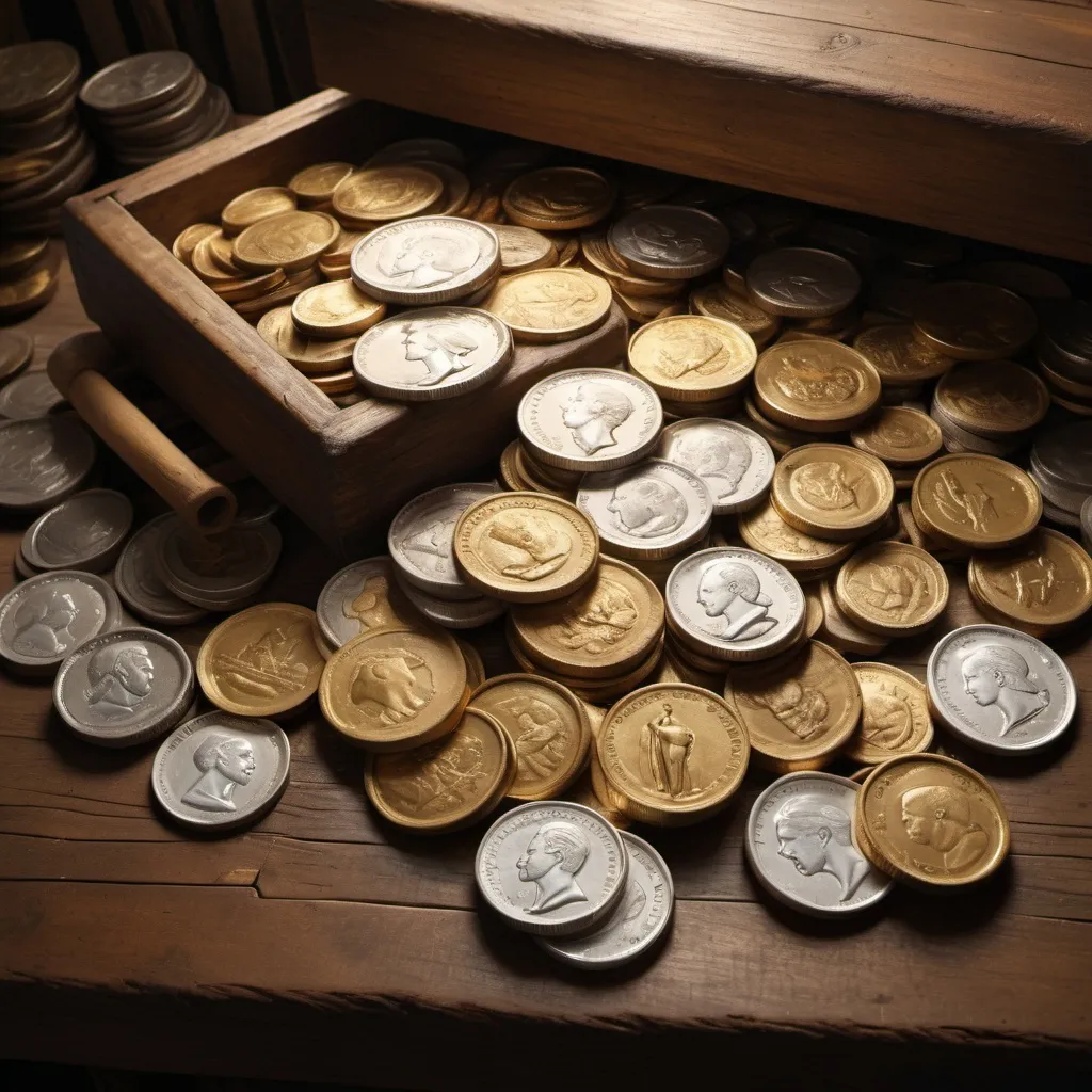 Prompt: One silver coin amidst a pile of gold coins on an antique woodworker's bench, high quality, realistic oil painting, warm tones, soft lighting, detailed textures, antique, woodworker's bench, silver coin, gold coins, realistic, warm tones, soft lighting