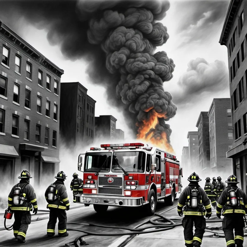 Prompt: Apocalyptic disaster response by Engine Company 16, city background, charcoal pencil drawing, urban setting, blurred lines, high contrast, fire truck, emergency response, destruction, dramatic skies, detailed charcoal drawing, professional, artistic, intense atmosphere, heroic firefighters, highres, detailed, urban, charcoal pencil, dramatic contrast, emergency, apocalyptic
