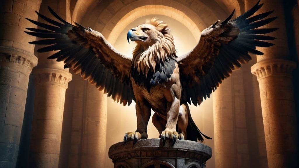 Prompt: Eagle-lion hybrid in a mystical tower, animal hybrid of an eagle and a lion, mix of lion and eagle, eagle head, four lion legs, ultra high resolution, atmospheric lighting