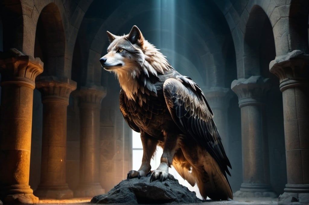 Prompt: Eagle-wolf hybrid in a mystical tower, animal hybrid of an eagle and a wolf, mix of wolf and eagle, eagle head, four wolf legs, ultra high resolution, atmospheric lighting