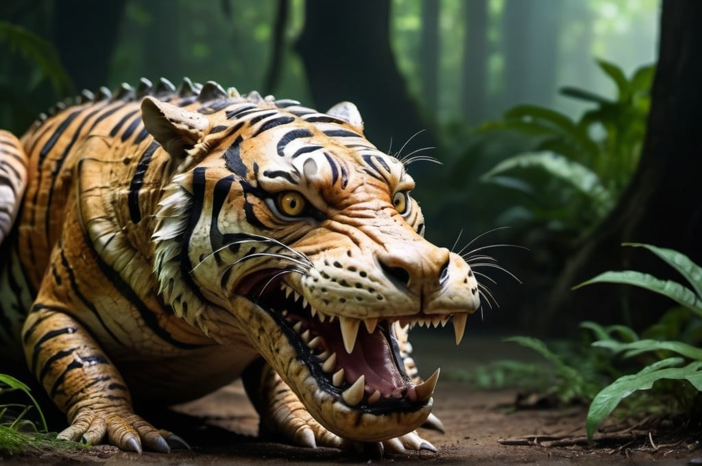 Prompt: Animal hybrid of a crocodile and a tiger，mix of crocodile and tiger, crocodile head and tiger body, deep forest background, ultra high resolution, atmospheric lighting