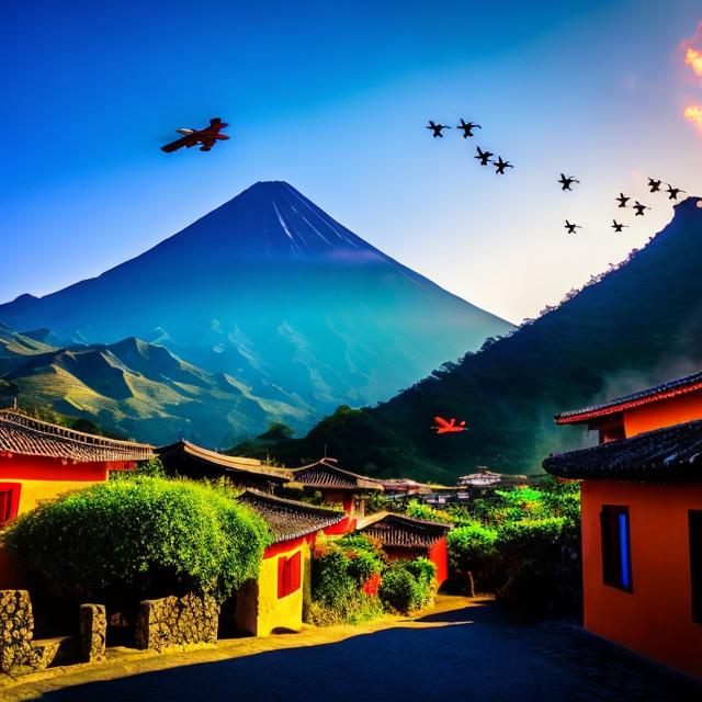 Prompt: Moutain village, near volcano, dragons flying over head

