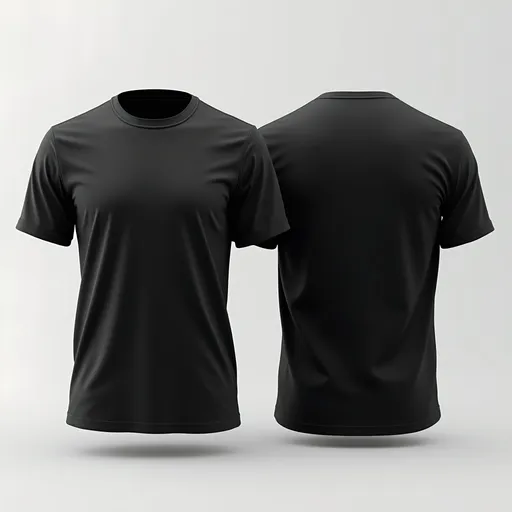 Prompt: (black) Front and back side by side (blank t-shirt mockup), medium fit build, clean design, minimalist presentation, professional quality, high-definition, perfect for branding, sleek lines, no logos, realistic textures, display apparel effectively, isolated background, ideal for showcasing designs.