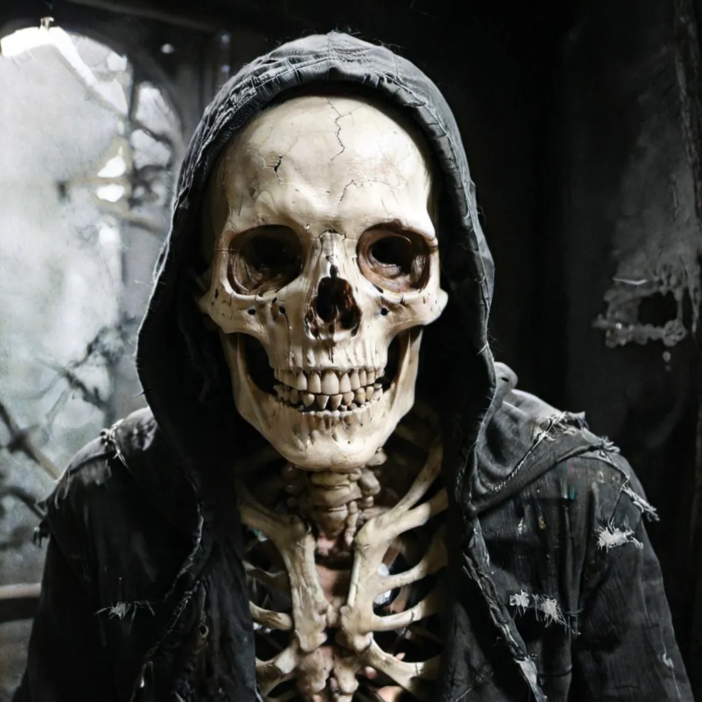 Prompt: Realistic hooded skeleton extreme detail, haunting black and white theme, distressed texture and atmospheric shadows, eerie ambience, ominous depths, portraying dark magic, ultra-detailed, photorealistic quality, stark contrasts highlighting bone structure, captivating presence with a sense of foreboding. Distresses texture lofi destroyed look