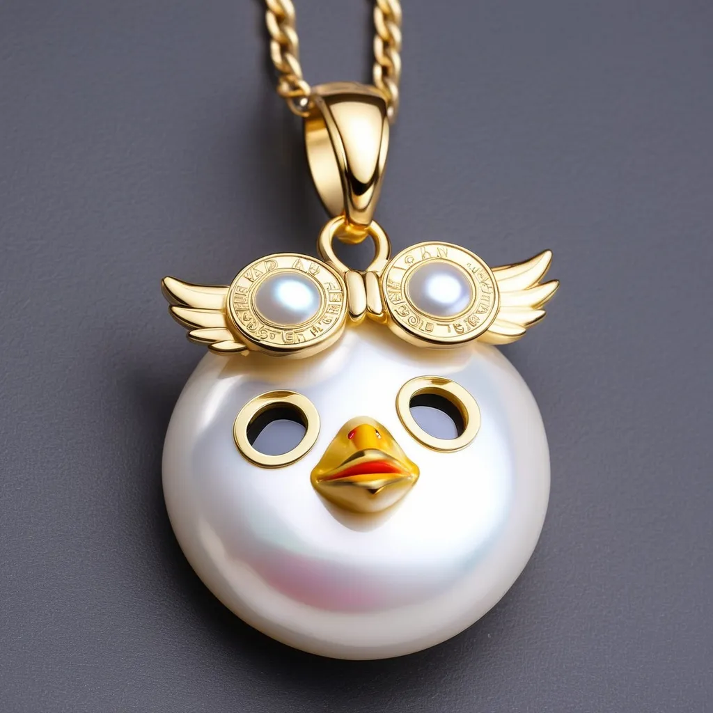 Prompt: Design pendant for kids  I wanna pendant just chick  head with coin flat pearl so cutee  and face with gold  like tip and eyes