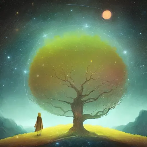 Prompt: create a poetic dialogue between a sentient tree and a wandering star, exploring their perspectives on life, time, and the cosmos?
