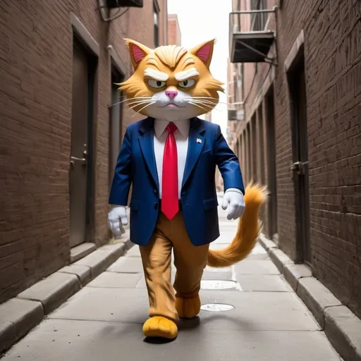 Prompt: Donalds Trump as a cartoon alley cat  walking down an alley