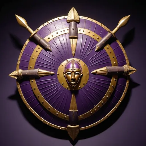 Prompt: A purple and gold African Shield with spears snd a crest