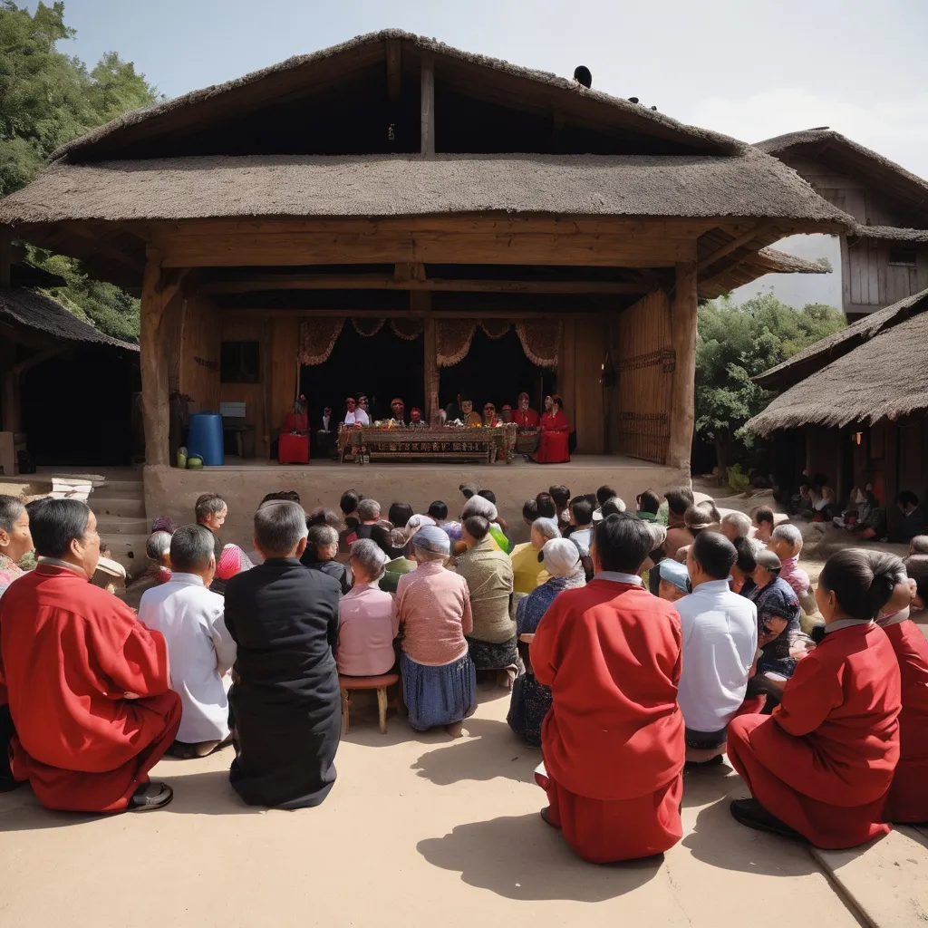 Prompt: residents in a village gather to hold a ceremony in a traditional house

