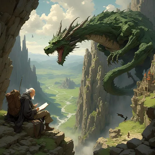 Prompt: <mymodel> an older man teaching a young student while outside, inside of a great and vast canyon covered in green grass, birds flying through the air, and a dragon in the distance.