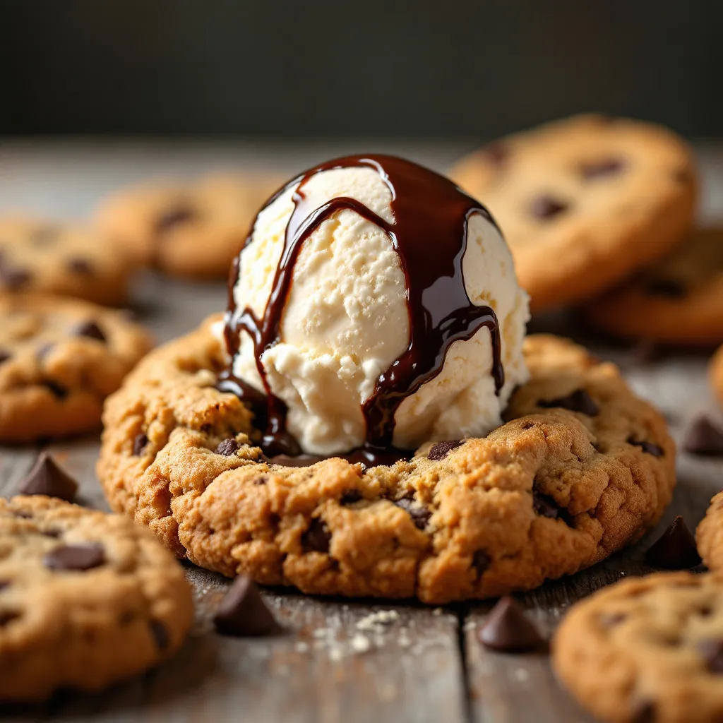 Prompt: this is a half cookie with ice cream topping, expand the other half and.  put in in a table with cookies and ice cream around it. the ice cream is the main product. 
