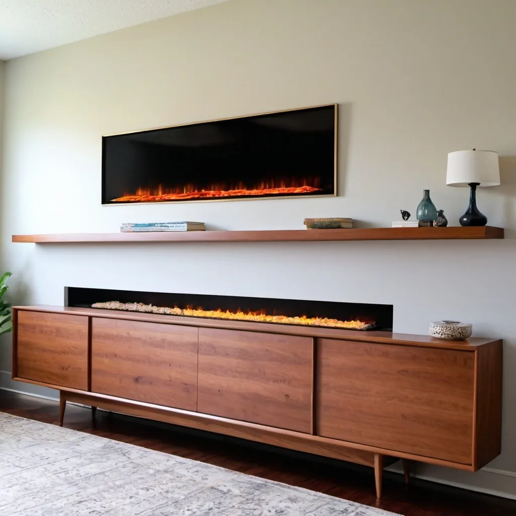 Prompt: Step by step directions on how to build A 96-inch long, 20-inch high floating mid-century sideboard no legs with an electric fireplace in the middle, cedar wood finish, clean lines, one side compartment for albums