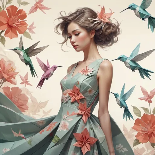 Prompt: fashion illustration of a beautiful girl wearing an origami dress, medium shot at eye level, delicate floral decoration on fabric and hair, hummingbird, graceful, by eiko ishioka, rendered, by peter mohrbacher, centered, fresh colors, origami, fashion, detail , creator of cute, dreamy, fashion, Japanese, illusion characters