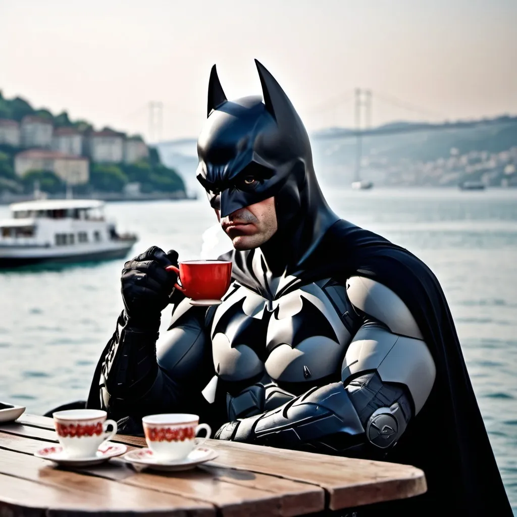 Prompt: Batman drinking tea on the Bosphorus