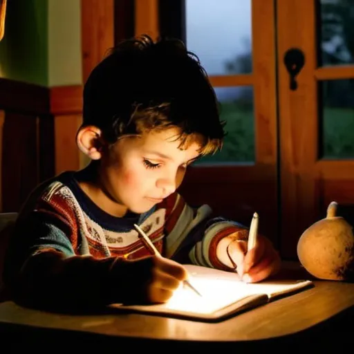 Prompt: niño estudiando en mesa de comedor, casa rural, iluminación con una vela