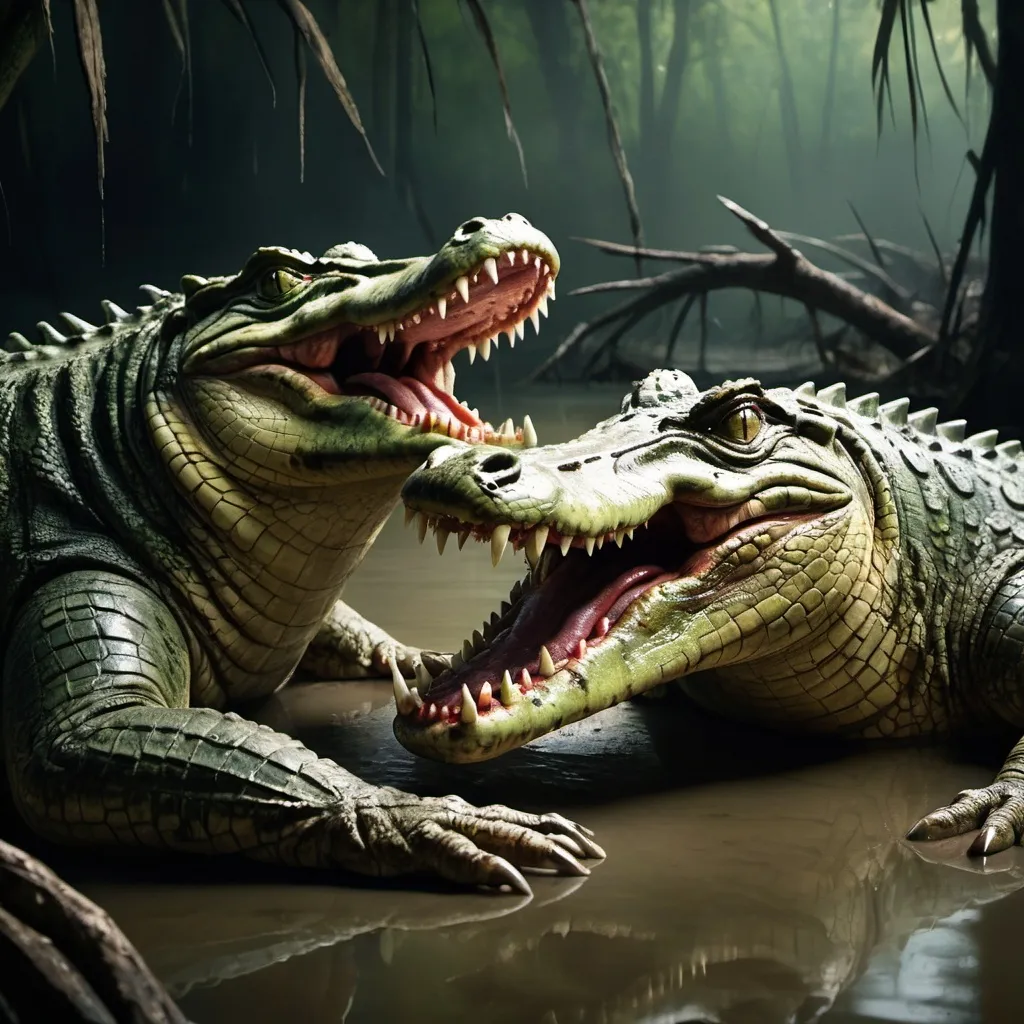 Prompt: (wounded crocodiles), realistic depiction, intense emotions, (dramatic lighting), showcasing battle scars and injuries, murky swamp background, tension in their eyes, vivid textures of scales, cinematic depth, capturing a moment of struggle and survival, high-resolution details.