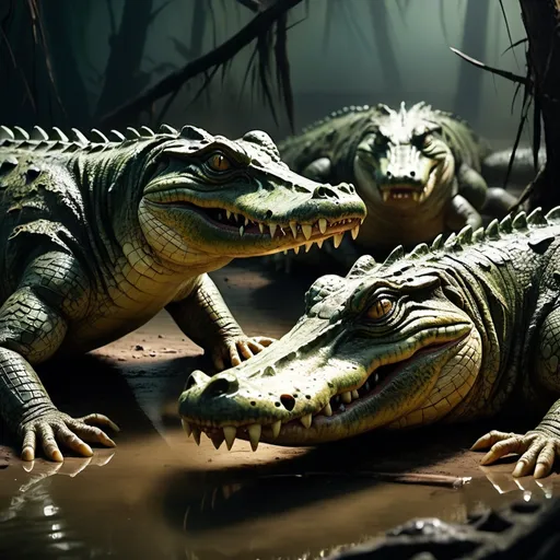 Prompt: (wounded crocodiles), realistic depiction, intense emotions, (dramatic lighting), showcasing battle scars and injuries, murky swamp background, tension in their eyes, vivid textures of scales, cinematic depth, capturing a moment of struggle and survival, high-resolution details.